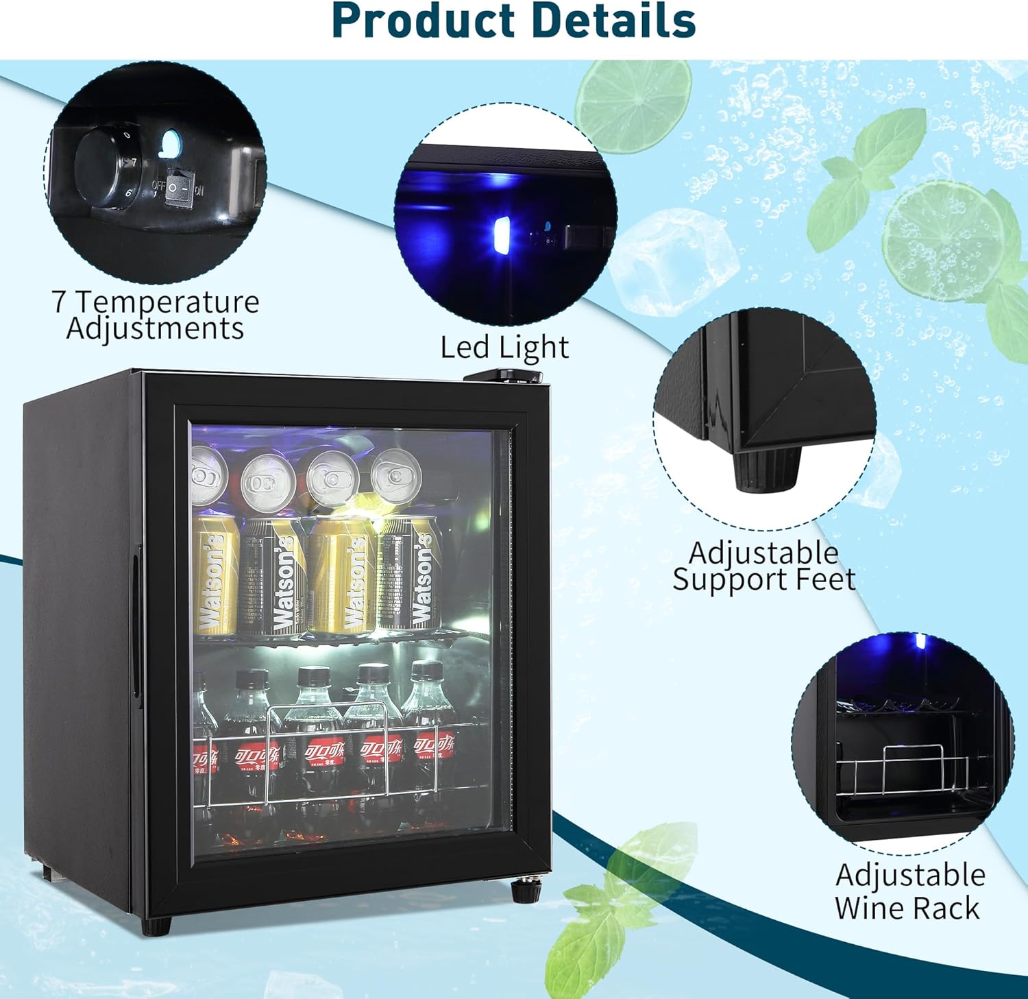 Wine Beverage Refrigerator, 70 Cans Mini Beverage Fridge with Clear Door, Mini Drink Fridge with Adjustable Shelves Temperature Controlled Glass Door Mini Fridge for Office or Bar, Black