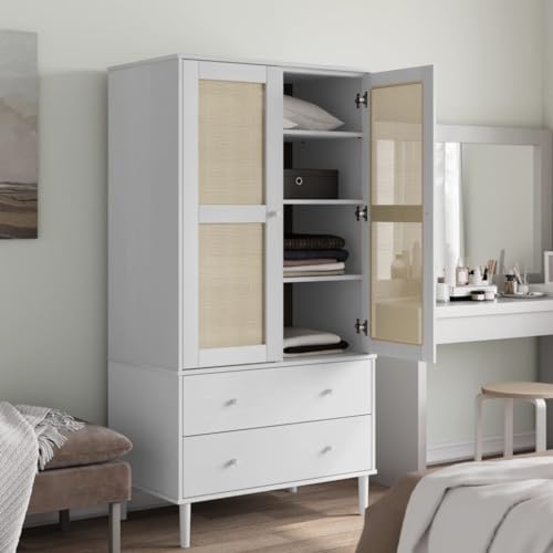 vidaXL Solid Pine Wood Wardrobe - White, Rattan Look Design, Spacious Drawers and Compartments, UV Varnish Finish, Ample Storage for Clothes and Accessories, Perfect for Living Room or Bedroom
