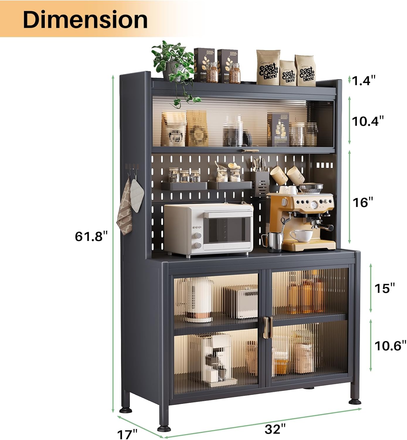 5-Tier Bakers Rack for Kitchen, Microwave Stand Cart with Cabinet, Multifunctional Storage Cabinet Rack, Grey
