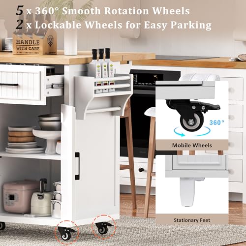56.5" Rolling Kitchen Island with Storage on Wheels, Kitchen Cart with Drop Leaf & Power Outlet, Portable Island Table with 4 Doors, 5 Drawers, Spice Rack and Towel Bar for Dinning Room, Black