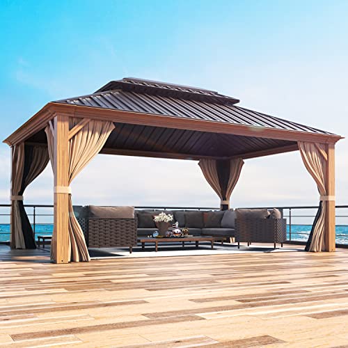 MELLCOM 12'x16' Hardtop Gazebo, Galvanized Steel Metal Double Roof Canopy with Curtains and Netting, Brown Permanent Pavilion Gazebos with Aluminum Frame for Garden, Patio, Lawns, Deck