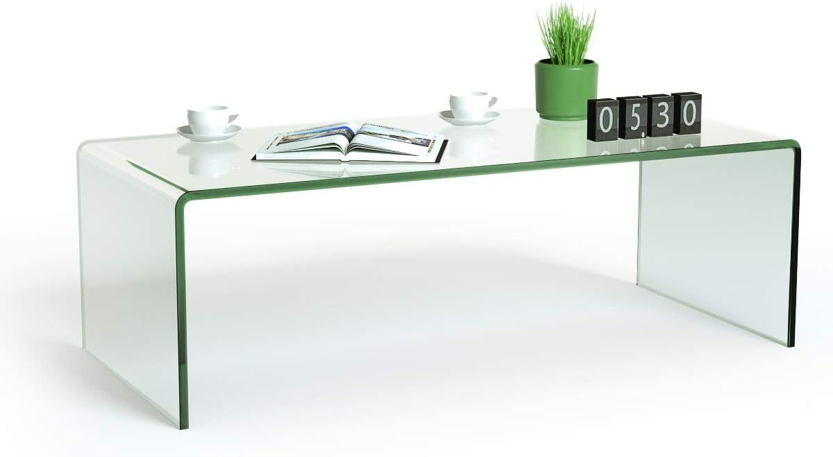 Casart Glass Coffee Table, U-Shape Tempered Glass Tea Table with Smooth Round Edges, Simple Minimalist Waterfall End Table for Living Room Office Hotel, No Assembly