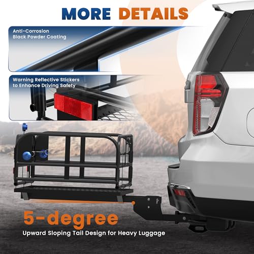 500 Lbs Folding Rack Hitch Mount Cargo Carrier, 2" Hitch Receiver, 60" x 24" x 14" Size,Bolt Lock Luggage Basket Heavy Duty Hitch Rear Trailer Cargo Rack Compatible for SUV Truck Pickup