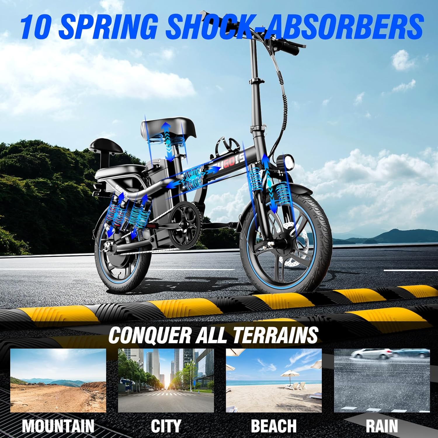 Electric Bikes for Adults,16" Tire Full Suspension Ebike with 500W Peak Brushless Motor & 48V 15AH Large Capacity Removable Battery,City Road Commuter Foldable Electric Bike with 2 Seater