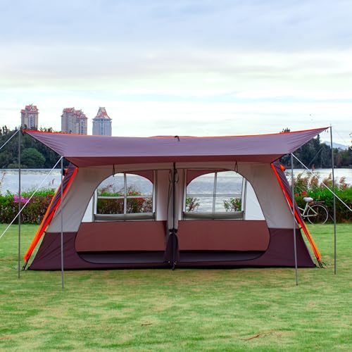 KTT Extra Large Tent 10-12-14 Person(Style-B),Family Cabin Tents,2 Rooms,3 Doors and 3 Windows with Mesh,Straight Wall,Waterproof,Double Layer,Big Tent for Outdoor,Picnic,Camping,Family Gathering