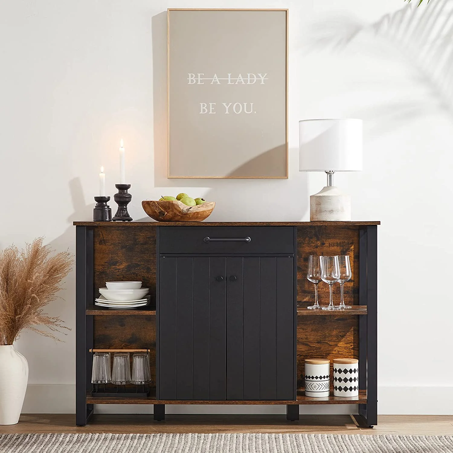 by SONGMICS Home Buffet Cabinet, Kitchen Sideboard, Storage Organizer with Drawer, Shelves, Door, for Living Room Hallway, 11.8 x 47.2 x 31.5 Inches, Rustic Brown and Black ULSC103B01