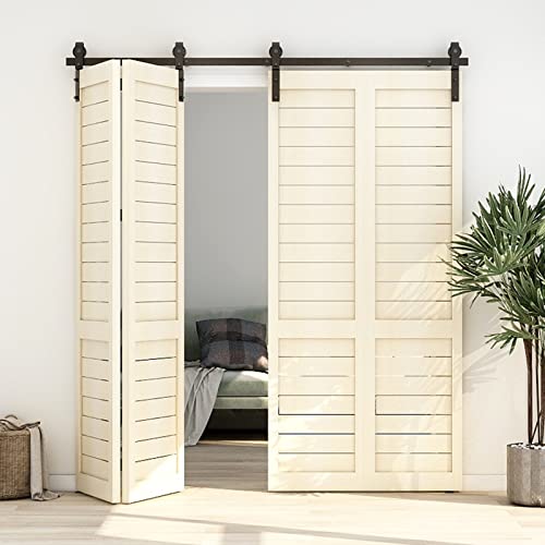 14FT Bi-Folding Sliding Barn Door Hardware Kit for 4 Doors,Slide Smoothly Quietly,Black Track J Shape Roller,No Door