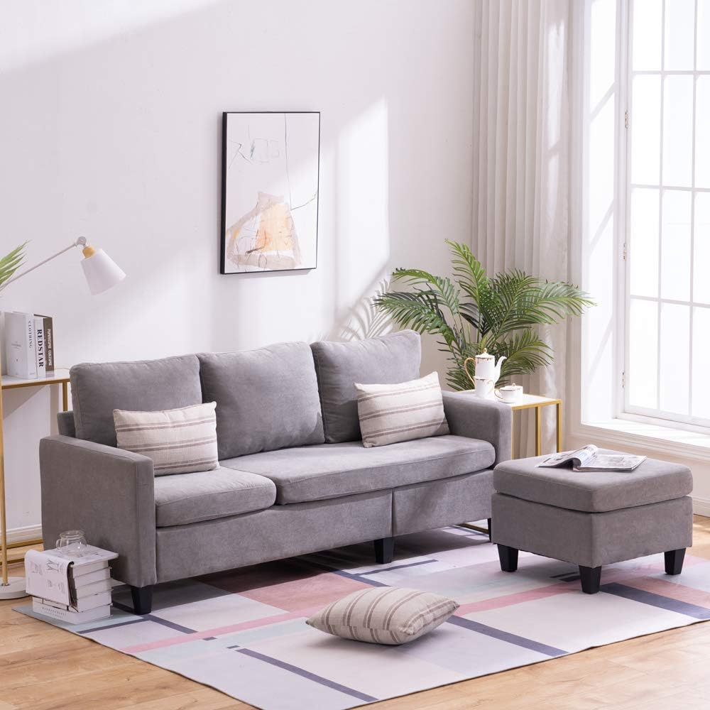 Convertible Sectional Sofa Couch, Modern Linen Fabric L-Shaped Couch 3-Seat Sofa Sectional with Reversible Chaise for Small Living Room, Apartment and Small Space (Light Grey)
