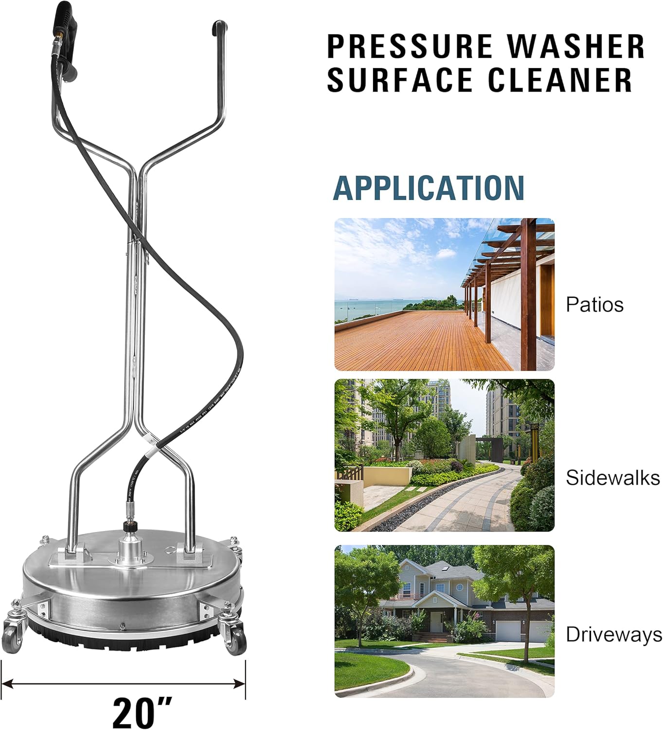 WOJET Surface Cleaner Ground Washer 20" Stainless Steel Brush Pan 4000 PSI Max for Power Pressure Washer Floor Road Plaza Flat Ground PA7605