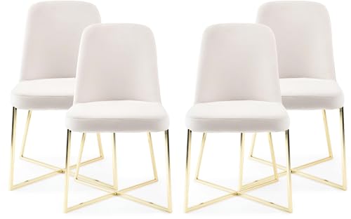Well Woven Rachelle Velvet Modern Accent Chairs Set of 2 - Ivory Comfy Seat with Gold Metal Legs - Perfect for Living Room, Bedroom, Office, Dining Room