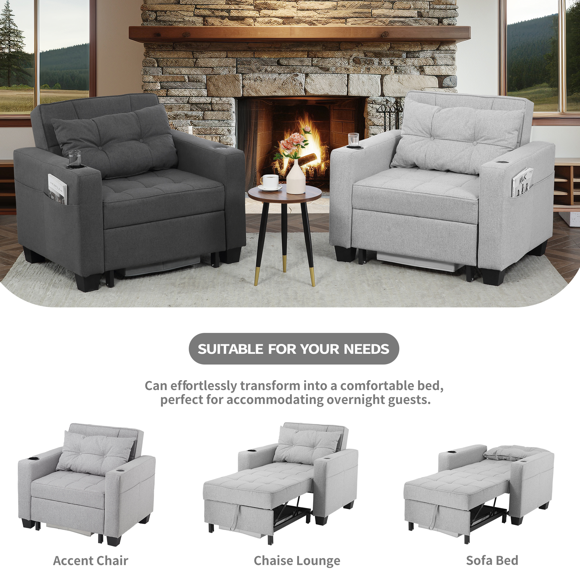 Duraspace Arm Lounge Chair into Sofa Bed for Living Room Adults with USB, Storage Space, Light Gray