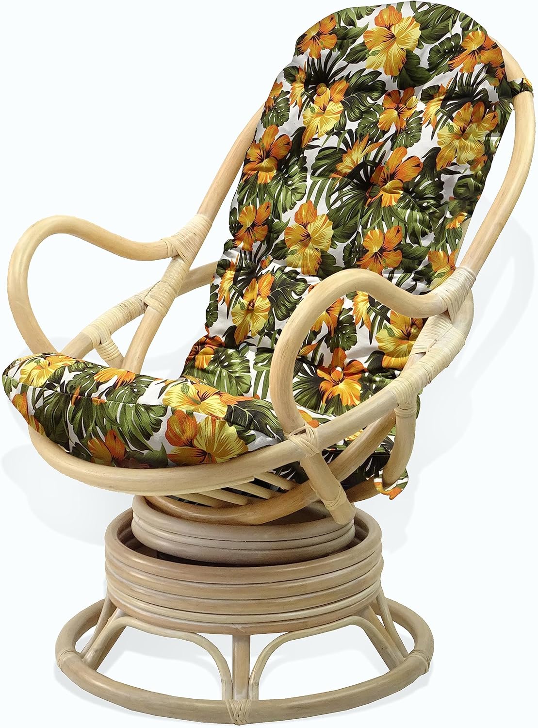 Java Lounge Swivel Rocking Chair with Floral Cushion Natural Rattan Wicker Handmade, White Wash