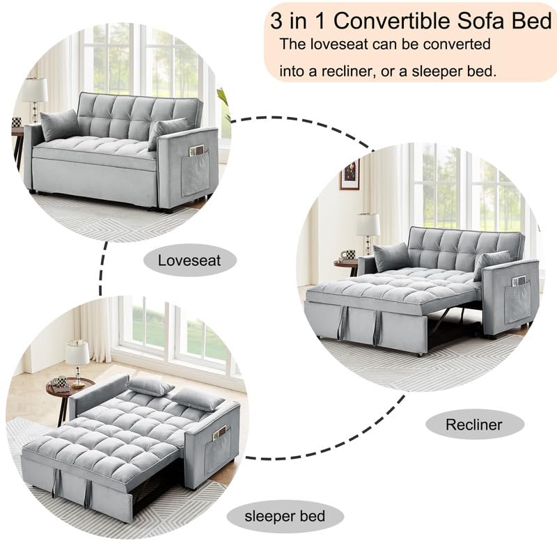 55" Convertible Sleeper Sofa Bed with USB Port, 3 in 1 Velvet Loveseat with Pull Out Bed, Small Love Seat Futon Couch Bed with 2 Pillows for Living Room Apartment,Beige