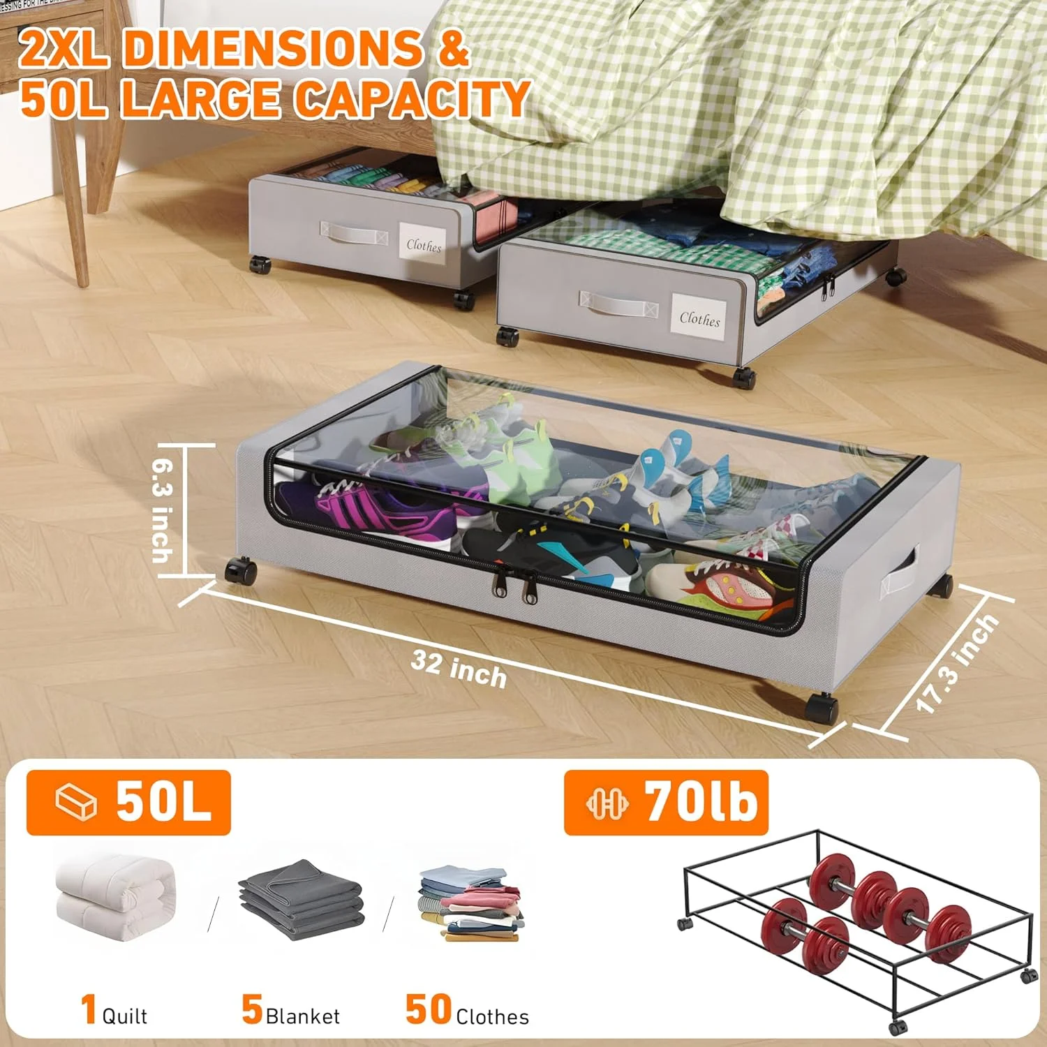Under Bed Storage with Wheels, 4-Pack Under Bed Storage Containers with Clear Lids, XXL 60L Under the bed storage Organizer Bins, Rolling Under Bed Metal Drawer for Clothes,Shoes,Toys (Gray)