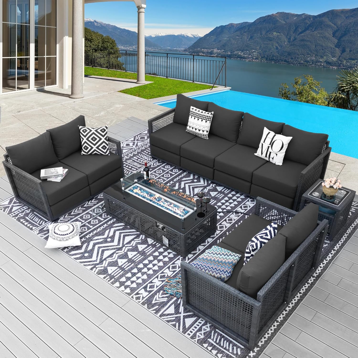 NICESOUL® 10 Piece Patio Furniture Set with Fire Pit Table Large Size Wicker Outdoor Sectional Luxury Rattan Conversation Sets Modular Sofa with Propane/Natural Gas Convert for Pool Lawn Grey