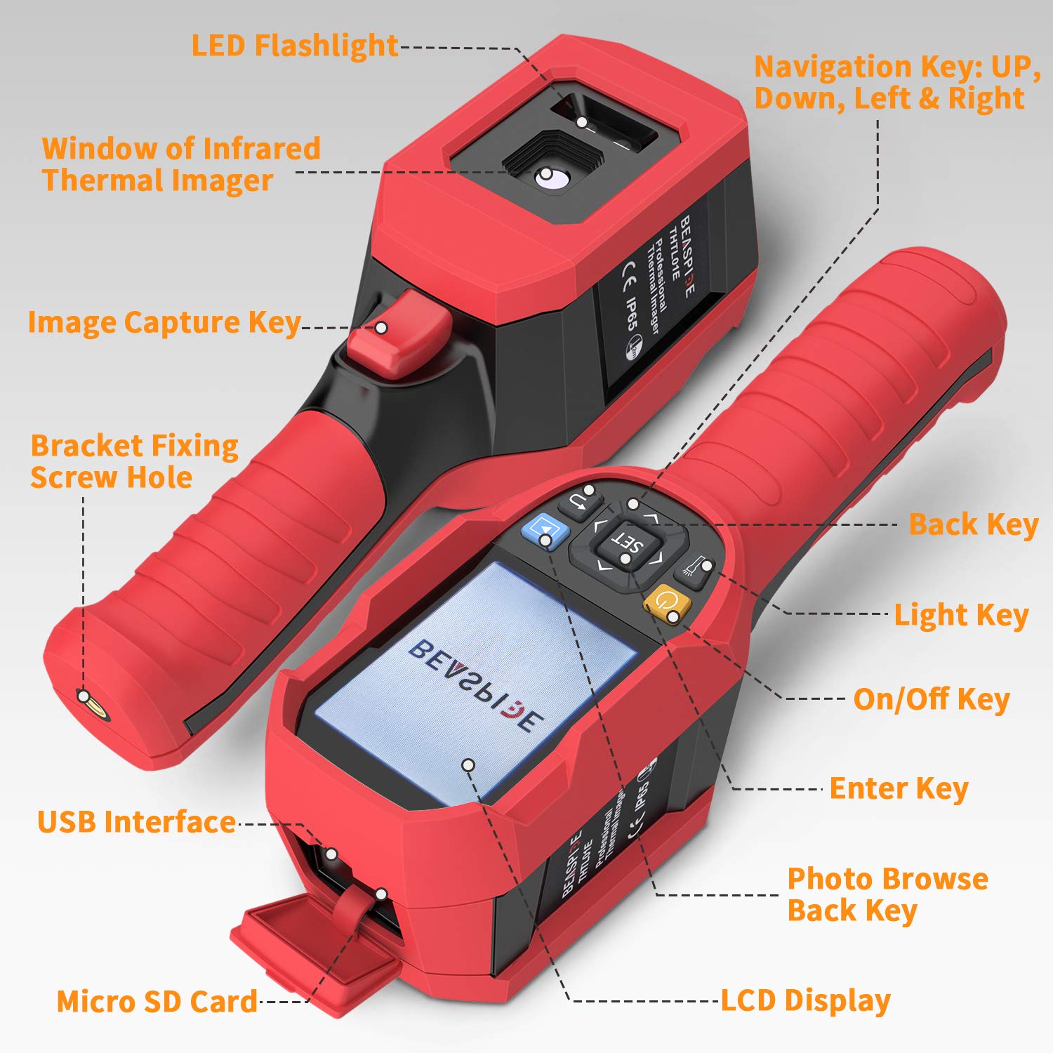 220 x160 IR Infrared Thermal Imager Camera Rechargeable Handheld, 35200 Pixels Temperature Automatic Tracking Thermal Imaging Camera with 3.5” LCD Display, 5 Colors Palette and LED Light
