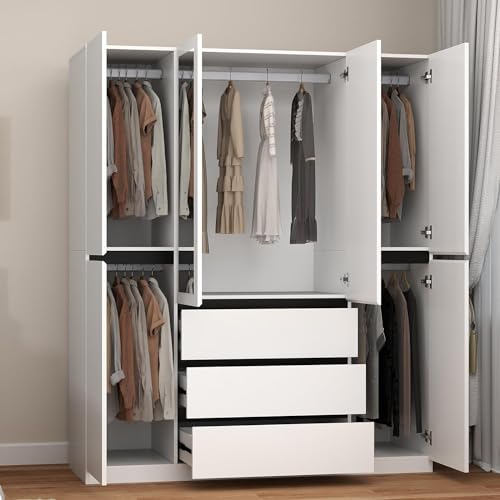 Wakefit Armoire Wardrobe Closet, 4 Doors Wooden Wardrobe Closet Cabinet with Mirro, Bedroom Armoires with Hanging Rod Shelf Freestanding Wardrobe Cabinet for Bedroom, Guest Room, White