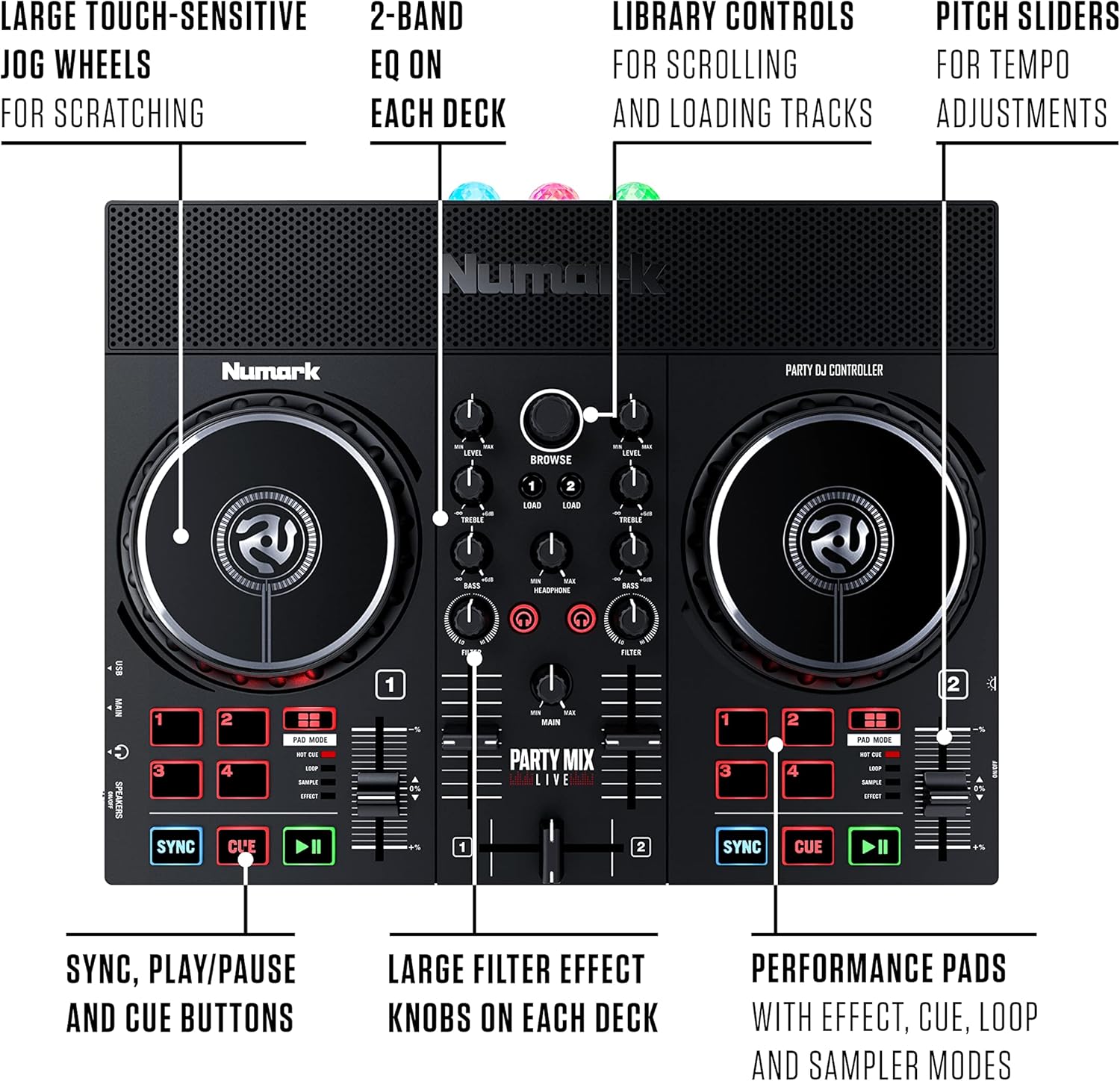 Numark Party Mix Live - DJ Controller with Built in Speakers, Party Lights and DJ Mixer, Complete Dj Set with Mixer and Audio Interface + Serato DJ Lite