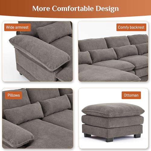 OUYESSIR 114" U Shape Sectional Sofa Cloud Couch for Living Room, Upholstery Comfy Modular Sofa, 4 Seat Chenille L-Shaped Sleeper Sofa with Chaise Lounge, Ottoman & Pillows,Beige White