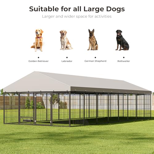 10X19FT Large Dog Kennel Outside with Feeding, Heavy Duty Outdoor Dog Run Cage with Cover & Lock, Outdoor Pet Enclosure Fence for Yard with Roof