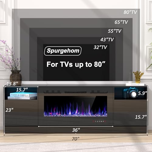 70" Fireplace TV Stand for TVs Up to 80" with 36" Electric Fireplace, TV Console for The Living Room, LED Light Entertainment Center, Storage Cabinet, Media Console Table, White