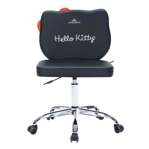 Impressions Vanity Hello Kitty Kawaii Swivel Vanity Chair for Makeup Room, Adjustable Height Cute Desk Chair with Wheels Rolling, Comfy Polyurethane Foam Back Armless Chair for Dorm (Black)