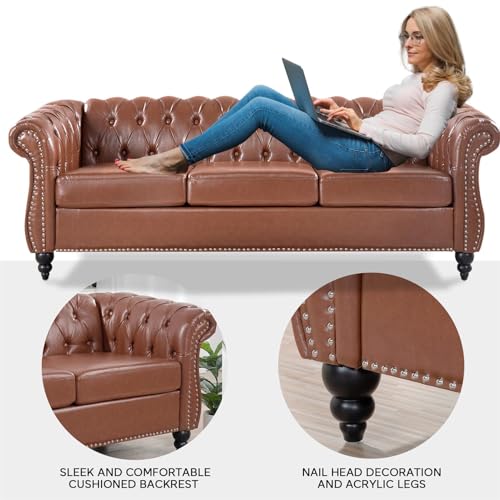 Black Faux Leather 3-seater Couch, 84in Sofas for Living Room, Bedroom, Office, with Rolled Arm, Deep Seating and Buttoned Classic Chesterfield Sofa