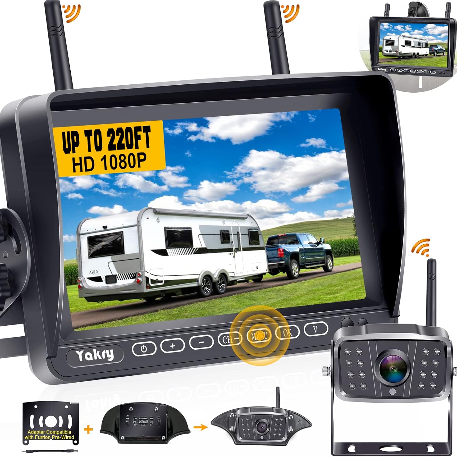 RV Backup Camera Wireless HD 1080P with 7 Inch Touch Key DVR Monitor for RVs,Campers,Trailers,Trucks Adapter for Furrion-Pre-Wired RVs High-Speed Rear View Observation IR Night Vision Yakry Y27