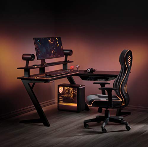 OSP Home Furnishings Avatar Battlestation L-Shape Gaming Desk with Bluetooth RGB LED Lights and Carbon Fiber Surface, Red
