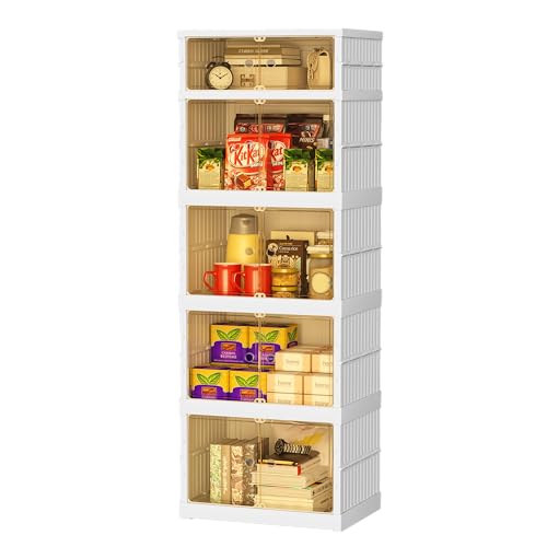 Collapsible Storage Bins with Wheels, 108 Gal Foldable Closet Organizers and Storage, Plastic Storage Cabinet with Door, 5 Tier Storage Containers for Kitchen Office Bedroom, White