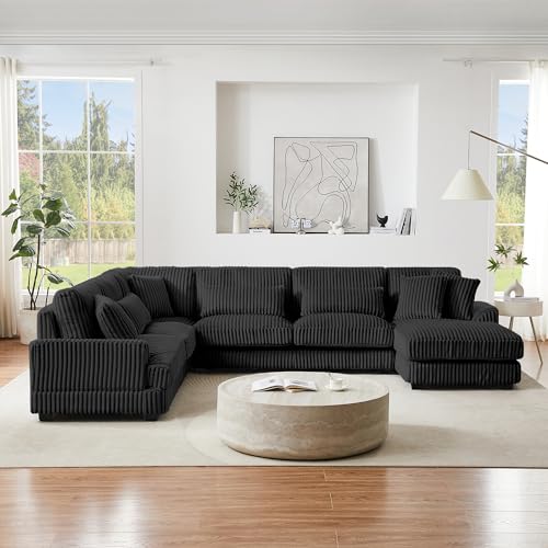Oversized U-Shaped Sectional Sofa Couch Plush Corduroy Upholstered Modular Deep Seat Sofa&Couch Sectional W/Right Facing Chaise Lounge and 7 Toss Pillows for Home Apartment Living Room Furniture Sets