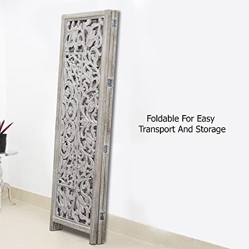 Room Divider Wood Screen - Ghanti Bells Antique Brown - 4 Panel Folding 72 x 80 - Assembled Hand Carved Decorative Functional Versatile Portable Partition Reversible Privacy Boho - COTTON CRAFT