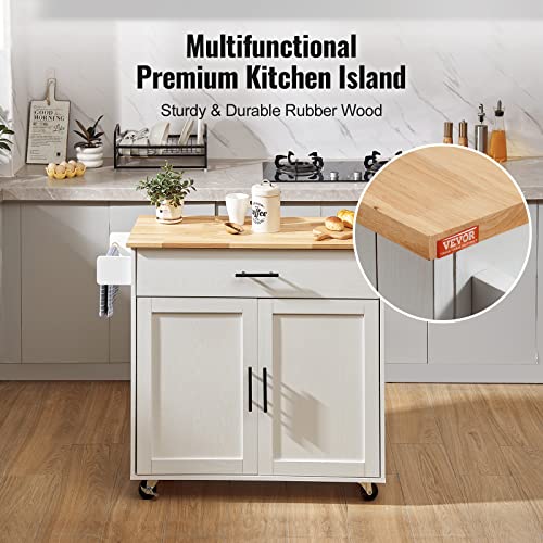 VEVOR Kitchen Island Cart with Solid Wood Top, 35.4" Width Mobile Carts with Storage Cabinet, Rolling Kitchen Table with Spice Rack, Towel Rack, and Drawer, Portable Islands on Wheels, White