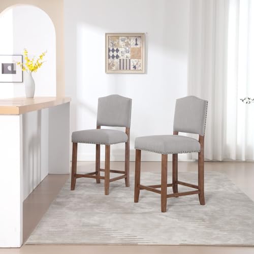 Faux Leather Counter Height Bar Stools Set of 4 Upholstered White Counter Stools 26 Inch Modern Stool Chair with Backs, Nailhead Decoration