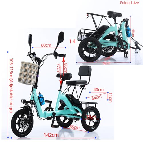 Green, Tricycle for Adults Foldable,14 Inch Folding Adult Electric Tricycle,with 48V 10.4AH Detachable Battery,Front and Rear Baskets for Shopping& Backrest, Front and Rear Lights