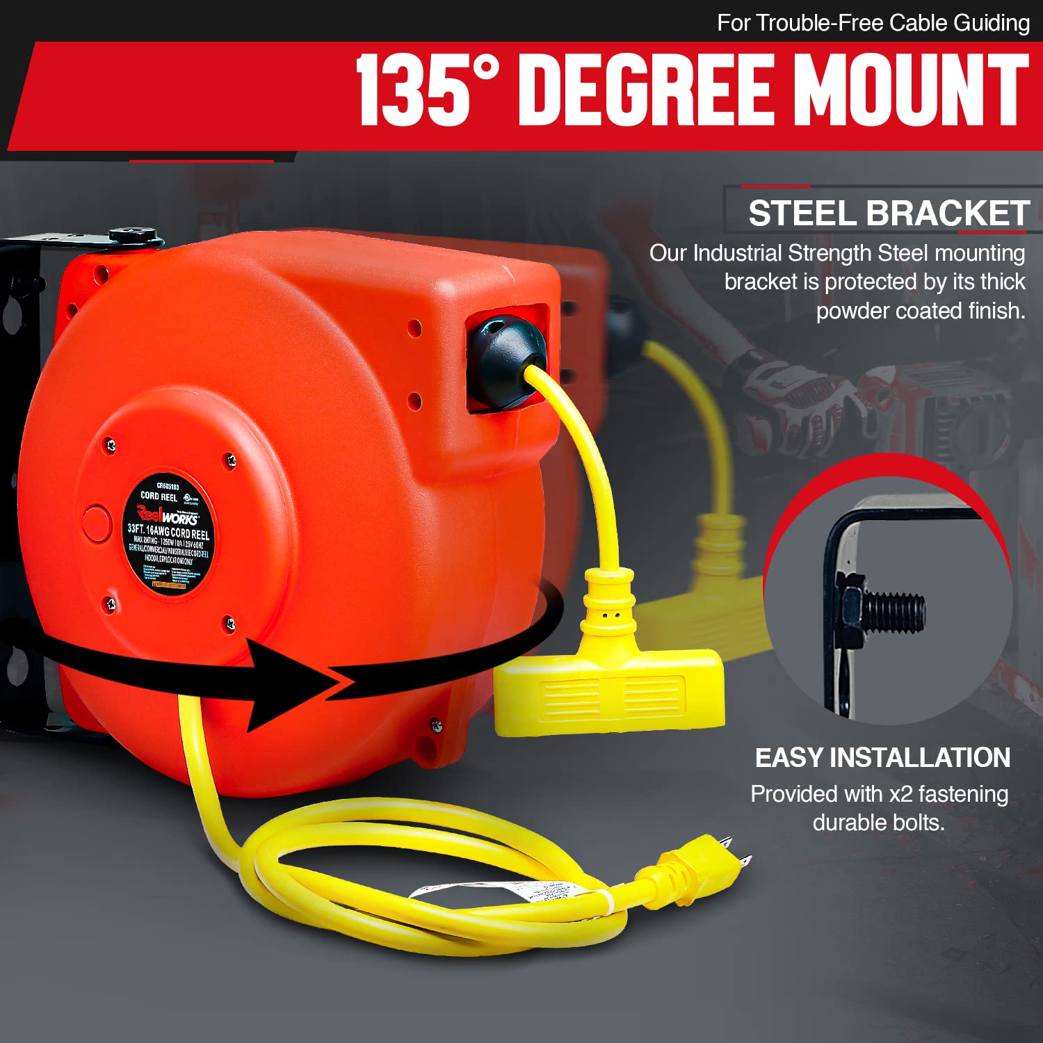 Reelworks Extension Cord Reel Retractable Polypropylene Heavy Duty Industrial 33 FT 16AWG 3C SJT Commercial Premium Grade Ultra Flexible Cable (S3) Triple Tap Connector Perfect for Indoor/Outdoor Use