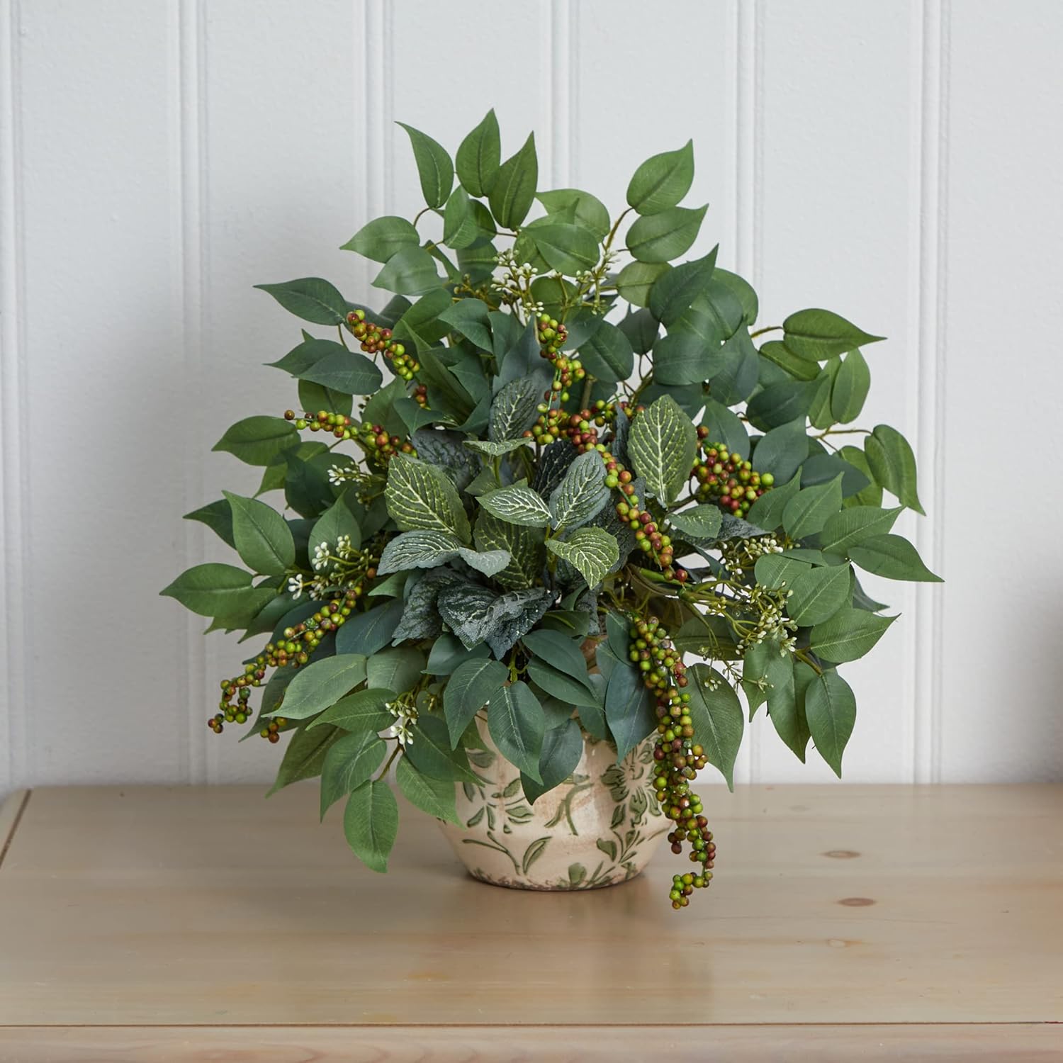 Nearly Natural Mixed Ficus, Fittonia and Berries Artificial Plant in Floral Vase
