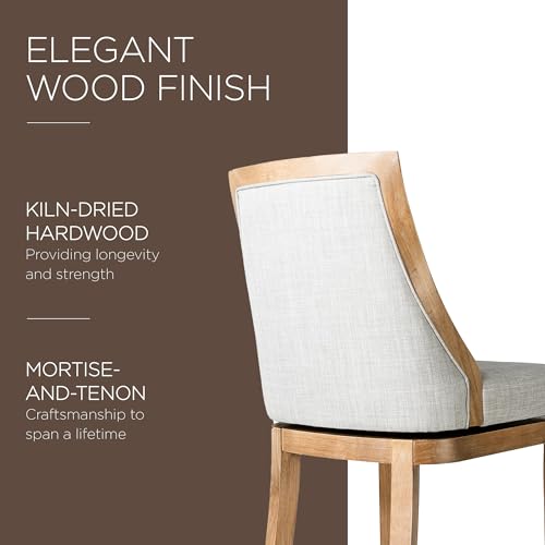 Maven Lane Vienna 26 Inch Tall Counter Height Rotating High Back Barstool in Weathered Oak Finish with Sand Color Fabric Upholstered Seat, Set of 2