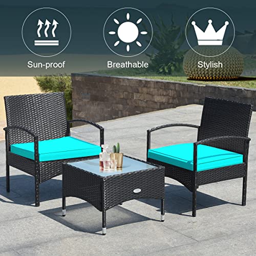COSTWAY 3 PCS Patio Wicker Conversation Set, PE Rattan Sofa with Tempered Glass Coffee Table, 2 Chairs, 2 Cushions, Outdoor Patio Furniture Set for Yard Porch Bistro Balcony Backyard Pool, Red