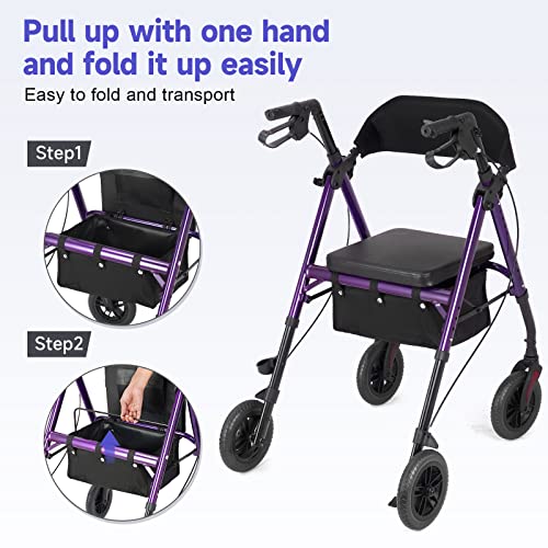 Rollator Walker Blue 8" Large 4 Wheels Rollator Walkers for Seniors with Seat Locking Brakes Adjustable Seat and Arms Aluminum Medical Walker Foldable Removable Back Support 300 lbs