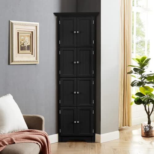 72" Tall Corner Storage Cabinet with Doors and 4 Shelves, Modern Floor Freestanding Tall Cabinet Storage Unit for Living Room, Kitchen, Office, Bedroom, Bathroom, Easy to Assemble - Black