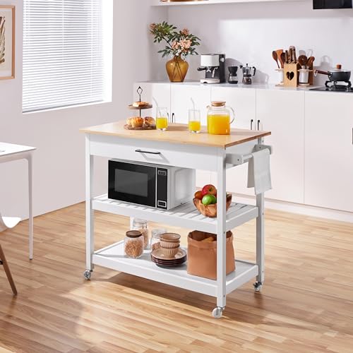 Yaheetech Kitchen Island Cart on Wheels with Bamboo Tabletop, 3-Tier Rolling Kitchen Island Microwave Cart with Drawer, Detachable Towel, 3 Hooks, 17" D x 37.5" W, White
