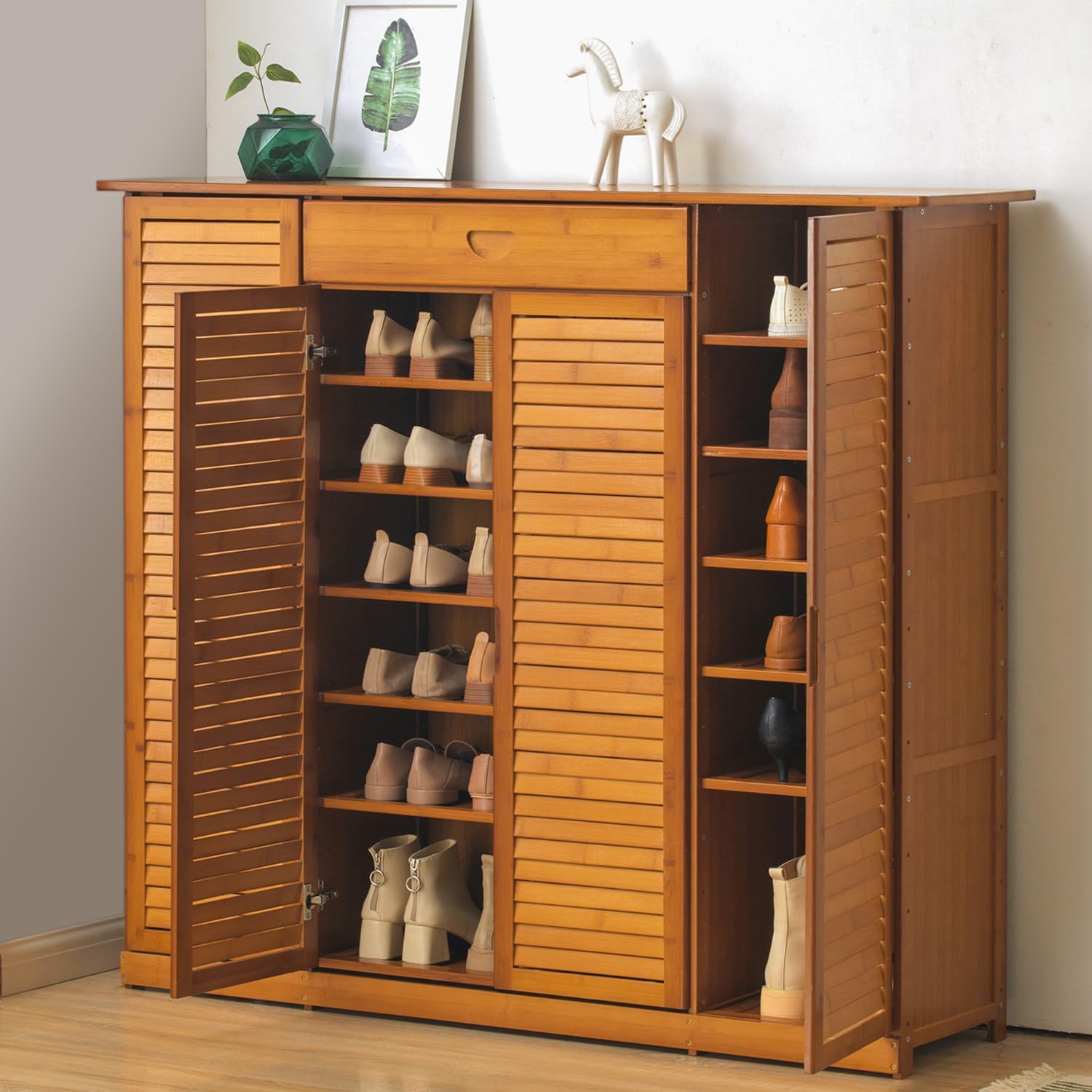 Magshion Bamboo 7-Tier Shoe Organizer with Drawer, Blind Door, Boots & Heels Holder, Entryway Freestanding Shoe Cabinet Organizer Storage Rack for Hallway Entryway (Brown)