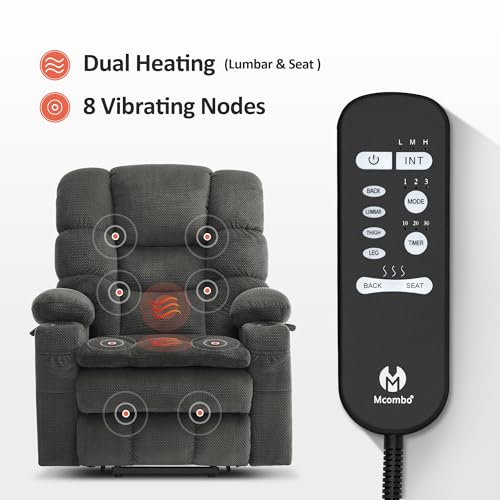 MCombo Large Triple Motor Power Lift Recliner Chair with Massage and Dual Heating, Adjustable Headrest for Tall Elderly People, Fabric 7634 (Grey, Large)