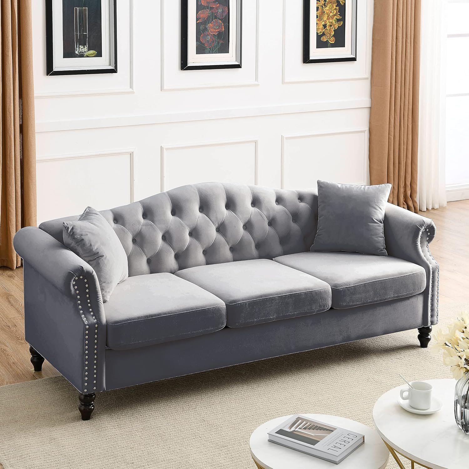 79" Chesterfield Sofa Grey Velvet for Living Room, 3 Seater Sofa Tufted Couch with Rolled Arms and Nailhead for Living Room, Bedroom, Office, Apartment, 2 pillowsW834S00012