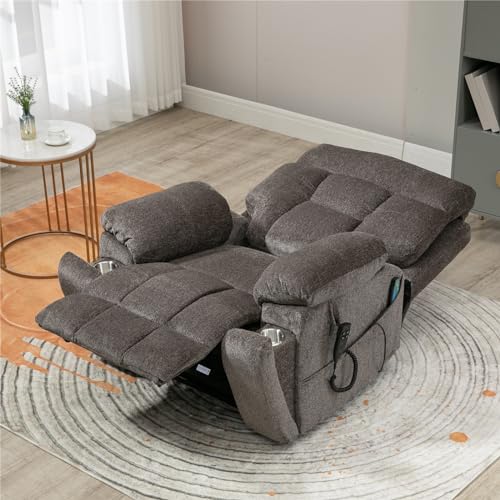 Light Grey Recliner Chair for Elderly | Tall and Big Man 400lbs | Chenille | Power Lift, Lay Flat, Stand Up, Wireless Charging Device, Extended Footrest, Massage Heat, Cup Holder, Lumbar Pillow