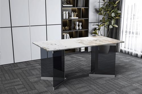 LeisureMod Modern Rectangular Table with Glass/Sintered Stone Top and Stainless Steel Base, 4 to 8 People for Dining Room and Kitchen Oryn Series, 71 Inch, Medium Grey