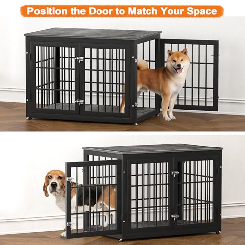 48 Inch Heavy Duty Dog Crate Furniture for Large Dogs, Decorative Pet House End Table, Extra Large Wooden Cage Kennel Furniture Indoor, Natural and White