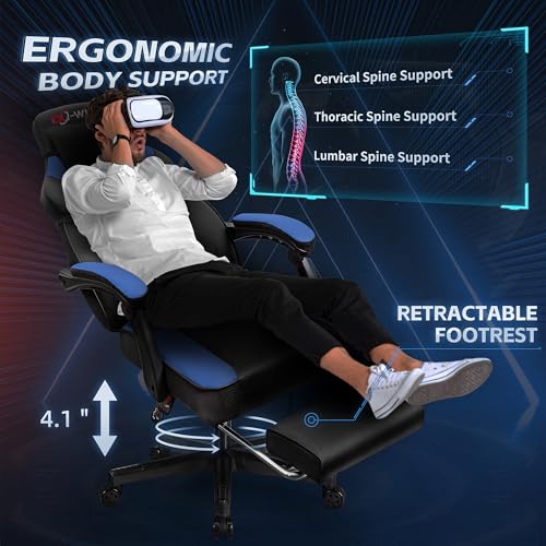 Gaming Chairs for Adults, Computer Chair with Footrest and Ergonomic High Back, Big and Tall Gamer Chairs with Massage Lumbar Support, 360° Swivel Height Adjustable, Blue