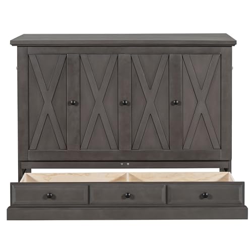 Harper & Bright Designs Queen Size Murphy Bed, Solid Pine Queen Murphy Bed Frame Chest Cube Cabinet Bed with Charging Station and Large Storage Drawer for Home Office or Small Room, Gray